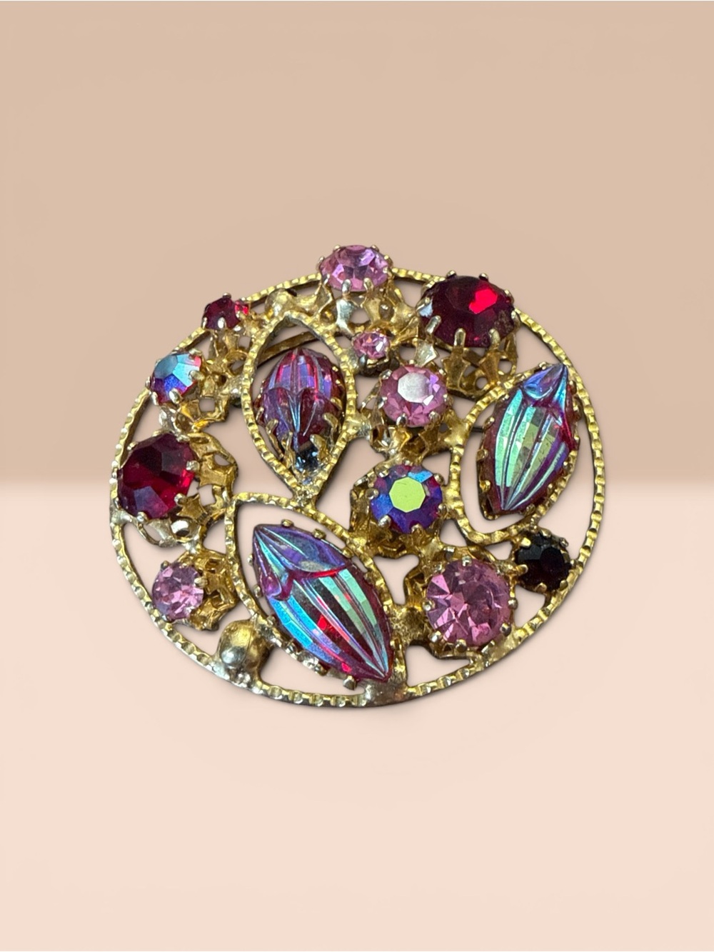 Vintage Austrian Pink Aurora Borealis Rhinestone Filigree Brooch Gold Tone Pin